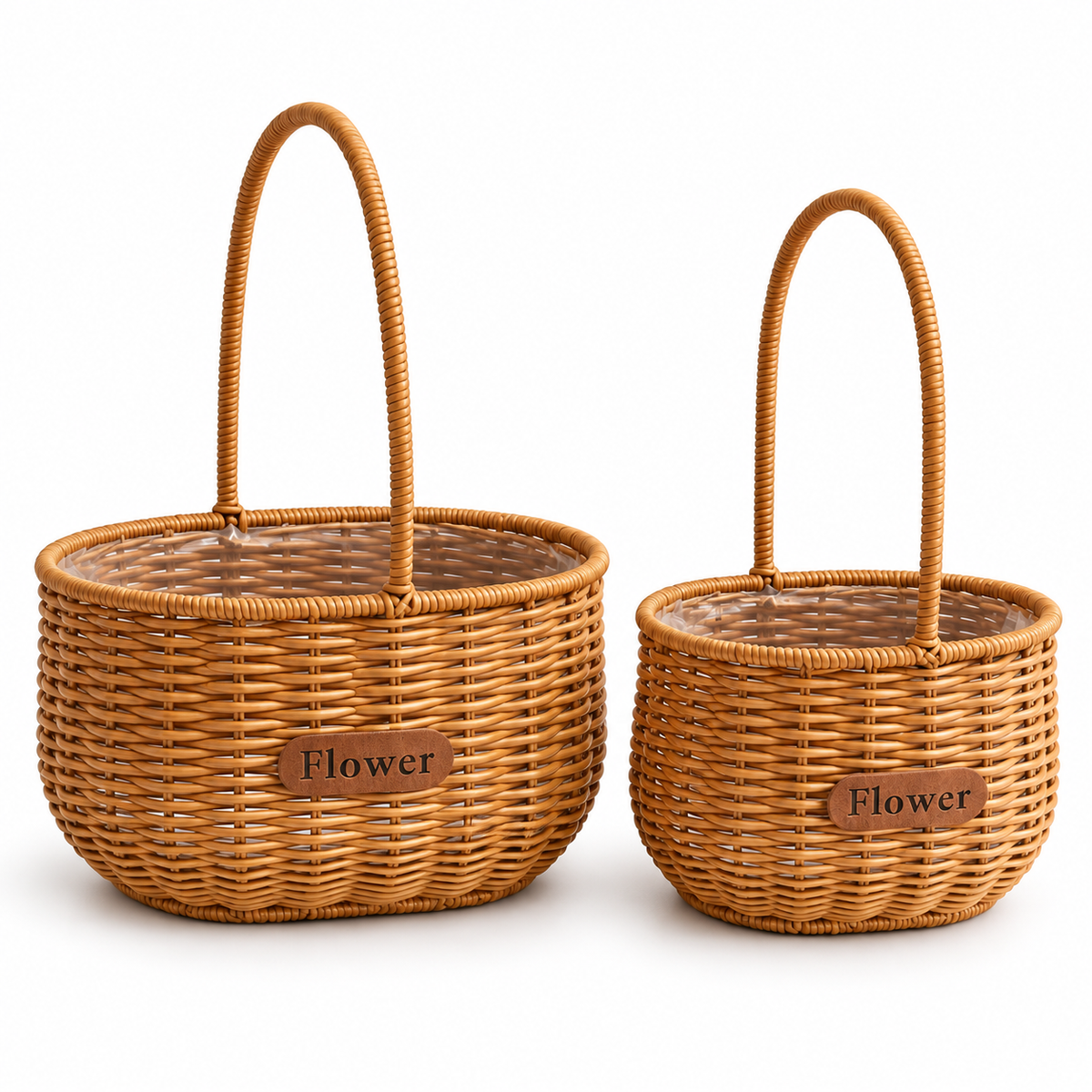 Pack de 2 canastas para arreglos florales de ratán sintético color café, tamaño grande y chico