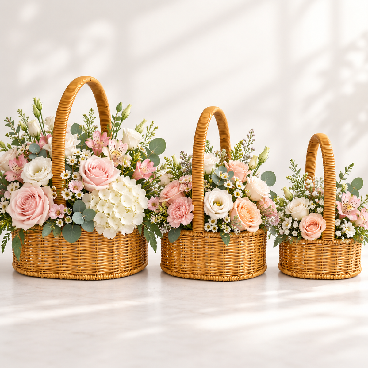 Set de 3 canastas florales de ratán sintético tipo mimbre con arreglos de flores en tamaños grande, mediano y chico