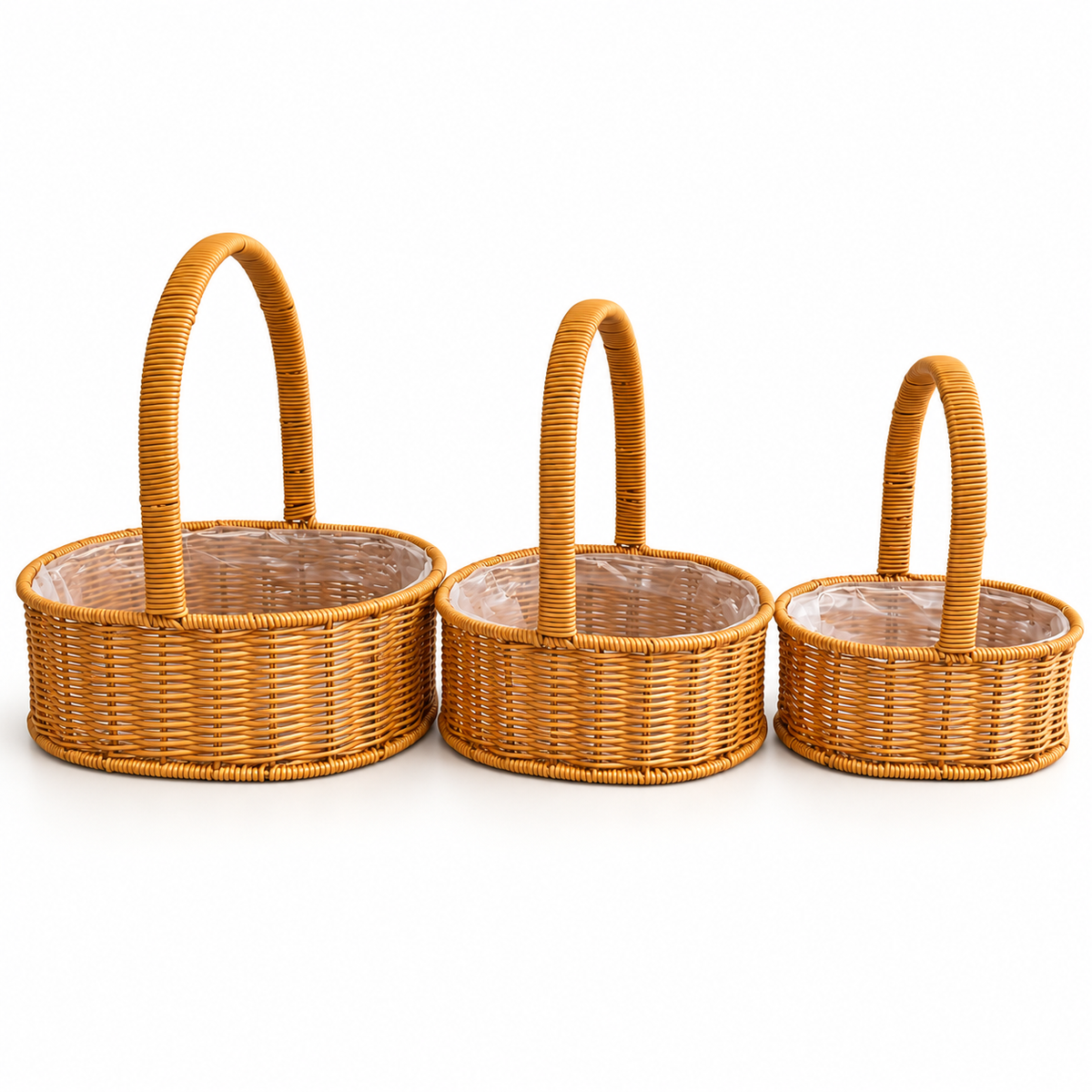 Set de 3 canastas florales de ratán sintético tipo mimbre con asa en tamaños grande, mediano y chico